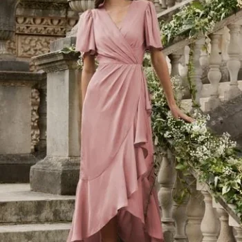 Lipsy Pink Flutter Sleeve Wrap Front Bridesmaid Maxi Dress