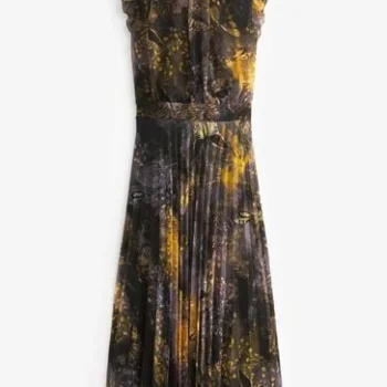 Black/Yellow Pleated Mesh Floral Occasion Midi Dress