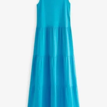 Bright Blue Sleeveless Crew Neck Tiered Summer Maxi Dress