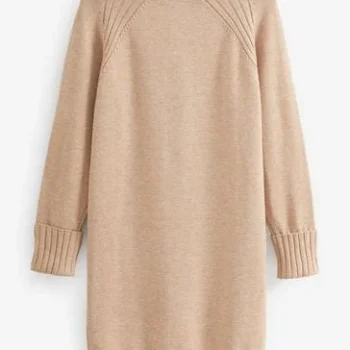 Camel Brown Rib Knit High Neck Midi Jumper Dress