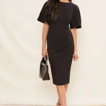 Friends Like These Black Tailored Knot Detail Flutter Sleeve Midi Dress