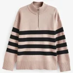 Beige Stripe Half Zip Knit Jumper