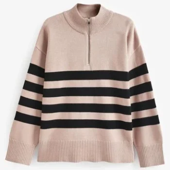 Beige Stripe Half Zip Knit Jumper