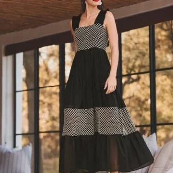 Black Crochet Detail Tiered Maxi Dress