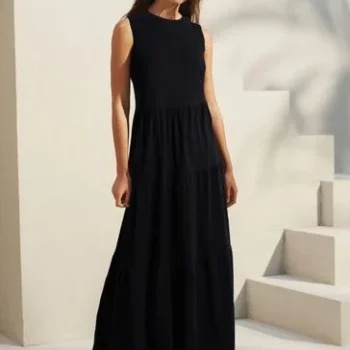 Black Sleeveless Crew Neck Tiered Summer Maxi Dress
